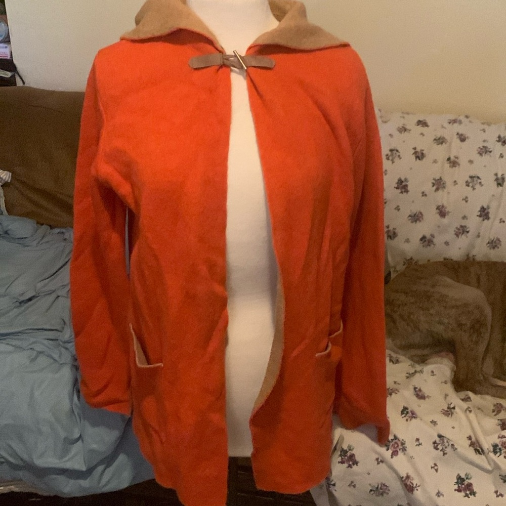 A. Ida for Anthropologie Italian Wool Blend Orange Tan Hooded Cardigan Sweater
